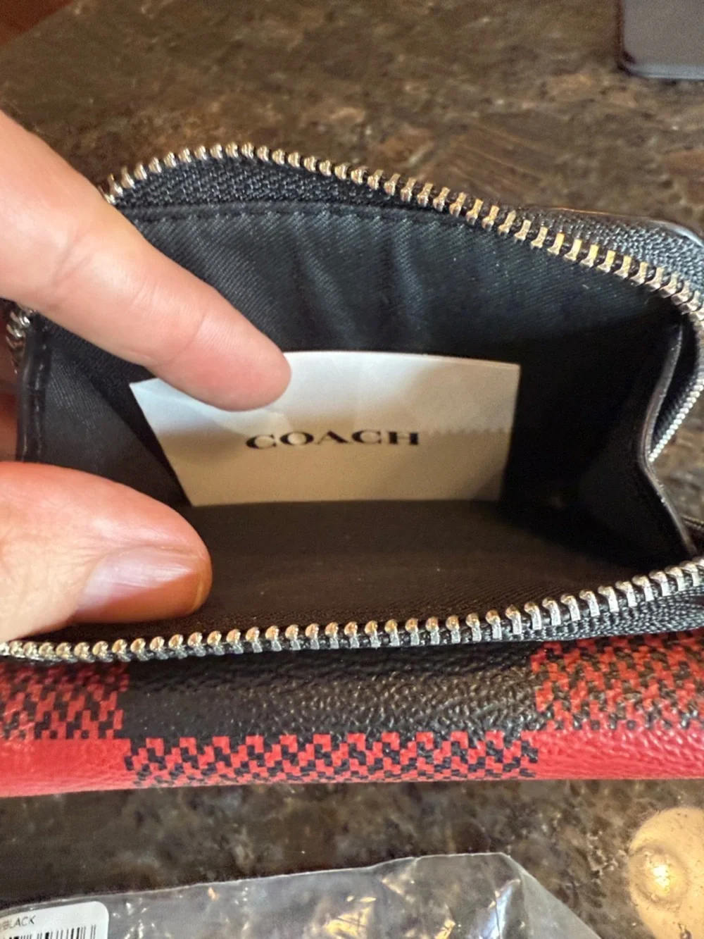 Coach Red and Black Checkered Leather Trifold Compact Wallet